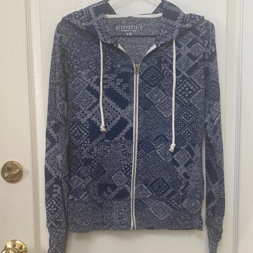 Aeropostale Navy Geometric Zip Hoodie
